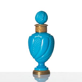 A turquoise opalin glass and gilt bronze perfume bottle with stopper, 19th Century.