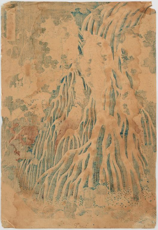 KATSUSHIKA HOKUSAI (1760–1849), after, colour woodblock print, Japan, "The Falling Mist Waterfall".