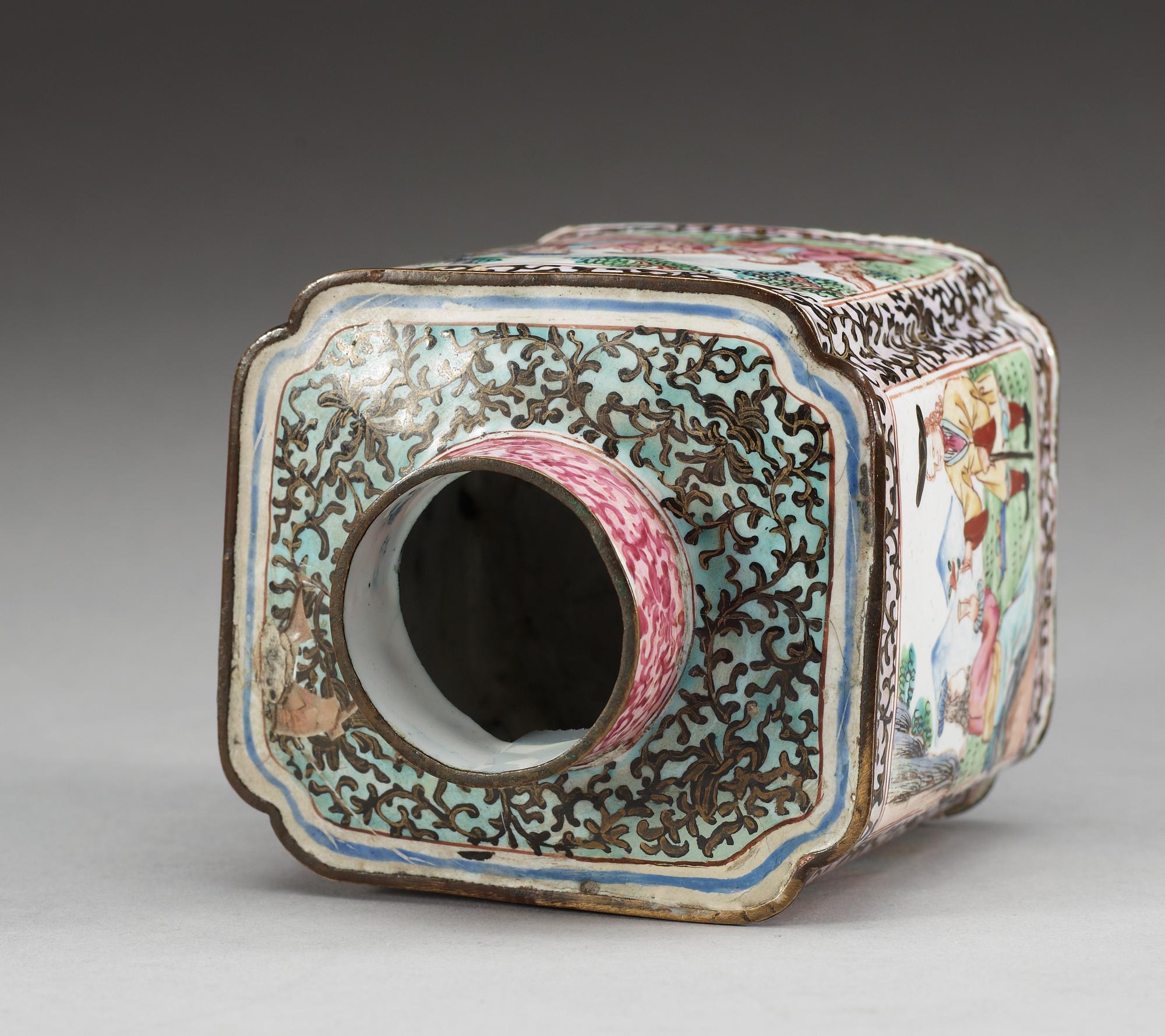 An enamelled 'European Subject' tea caddy, Qing dynasty, 18th Century.
