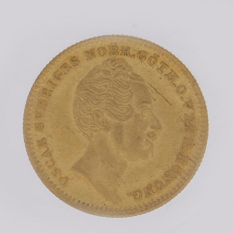 A Swedish 1 Dukat in gold, with the Swedish and Norwegian King Oscar I, 1847/4.