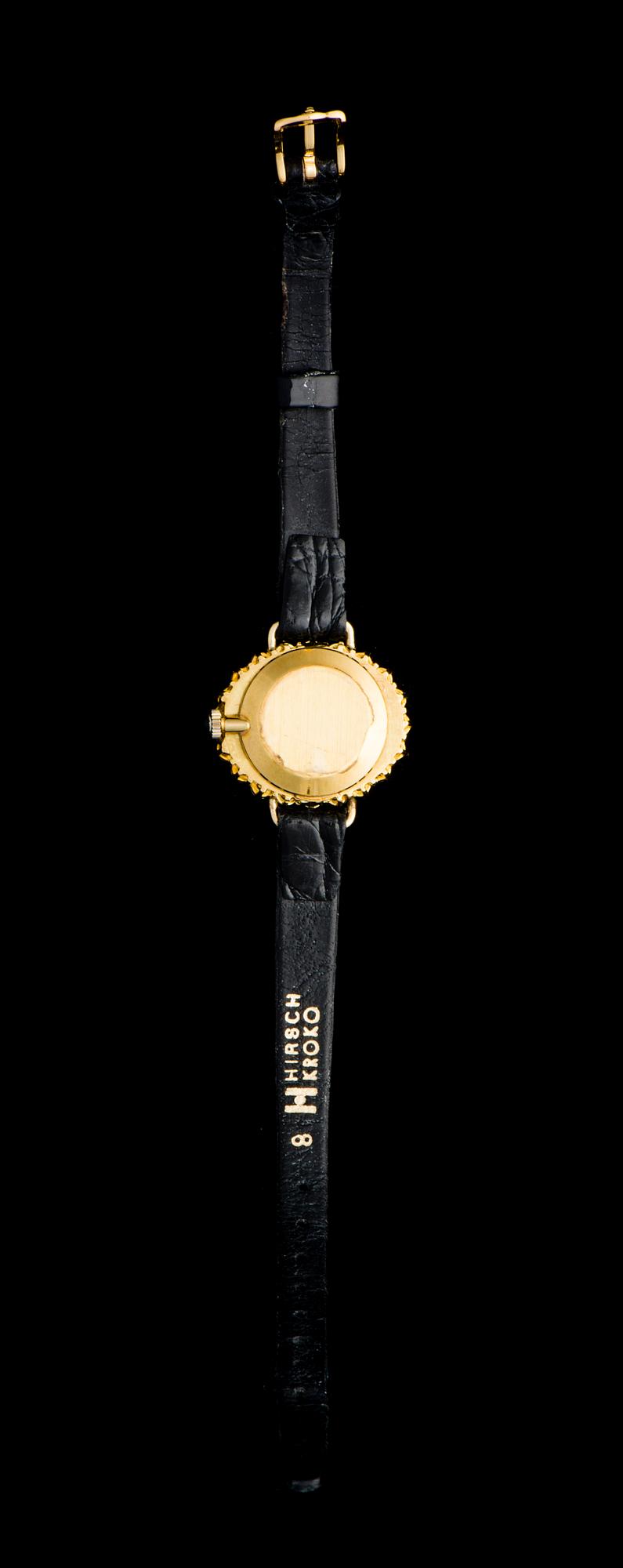 ARMBANDSUR, dam, guld, briljant- och 8/8-slipade diamanter, svart läderarmband.