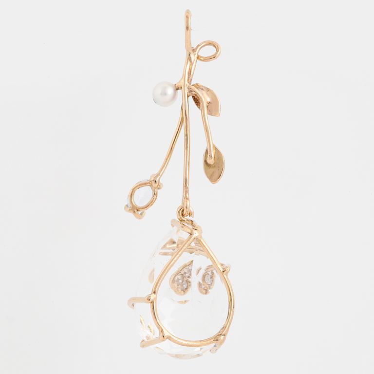 Rock crystal, aquamarine, pearl and diamond pendant.