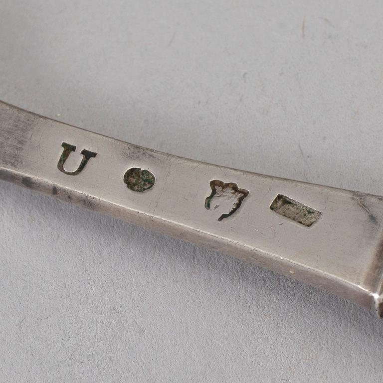 A Swedish 18th century siver sauce ladle and three forks, unidentified makers mark, Stockholm 1778.