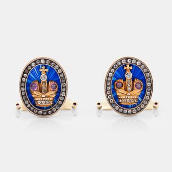 627. A pair of rose-cut diamond and blue enamel cufflinks. Russian marks.