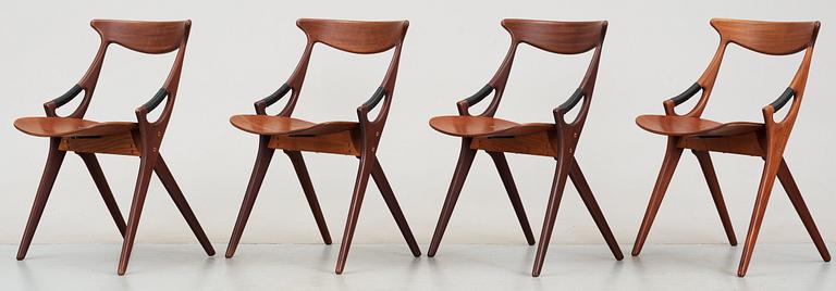 A set of four Arne Hovmand-Olsen teak and mahogany chairs, Mogens Kold, A/S Kerteminde, Denmark 1950's.