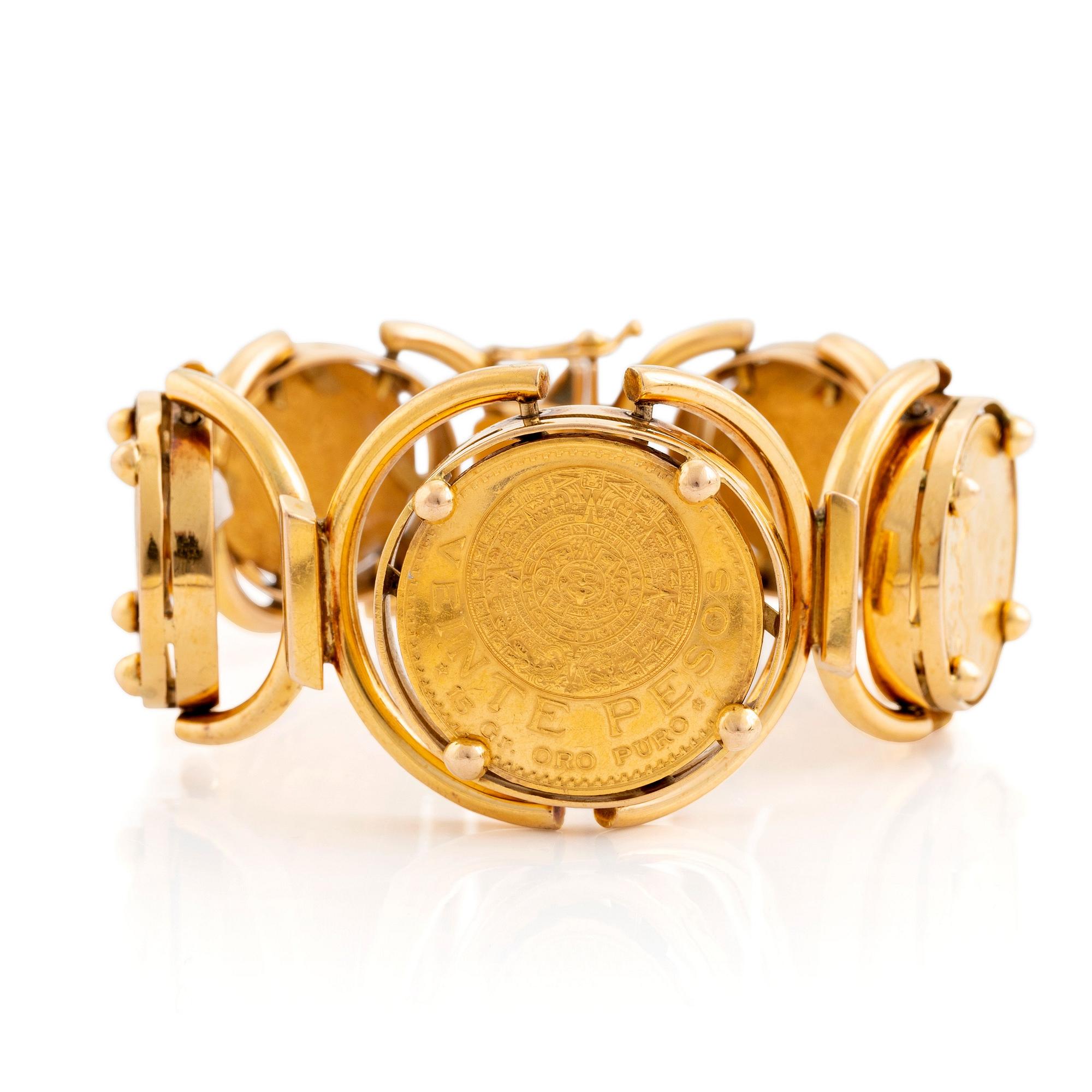 An 18K gold bracelet set with Mexican 22K gold coins.