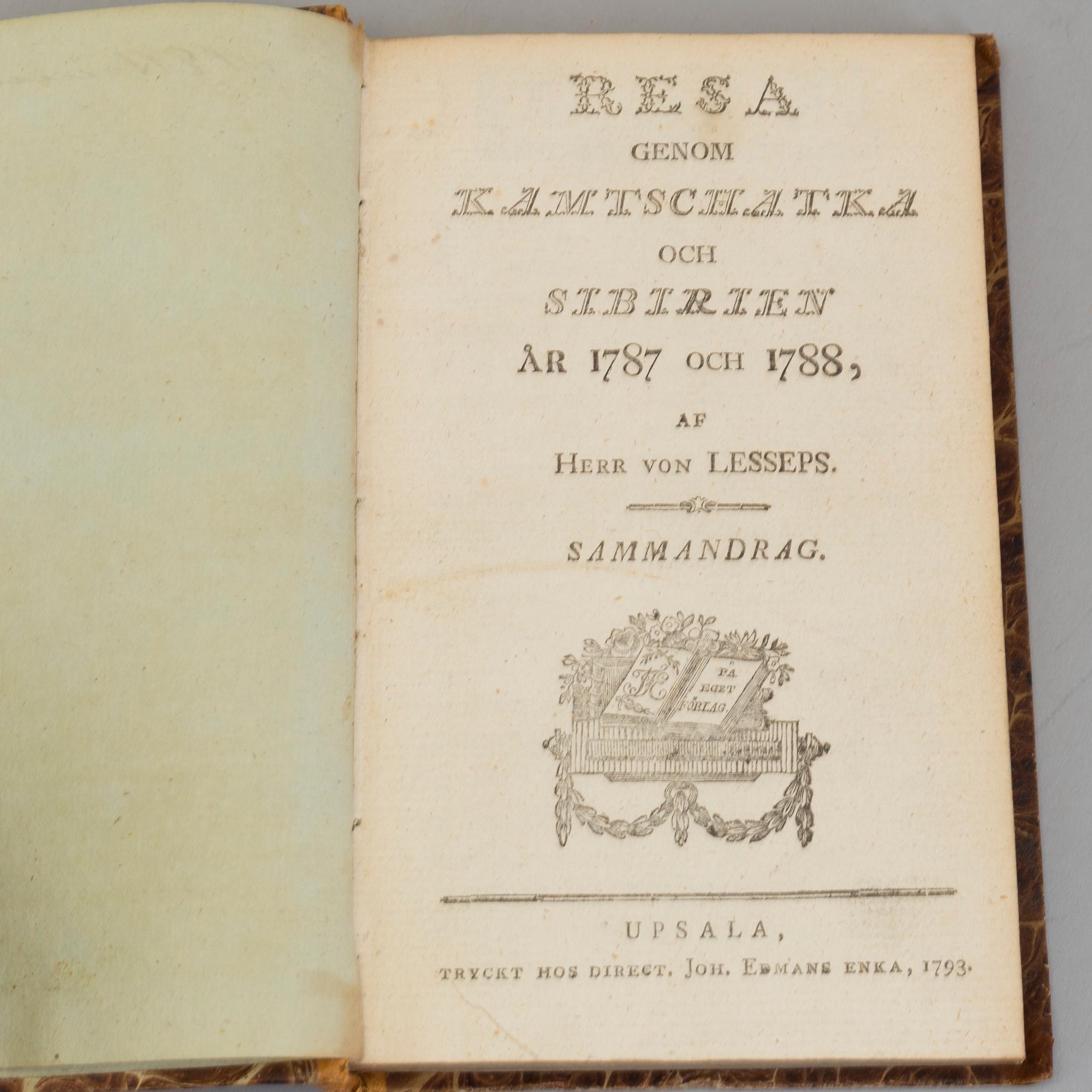 A BOOK, Jean Baptiste Barthélemy de Lesseps, Kamtjatka och Sibirien 1787-88, Upsala 1793.