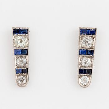 EARRINGS, with old cut diamonds and probably synthetic sapphires.