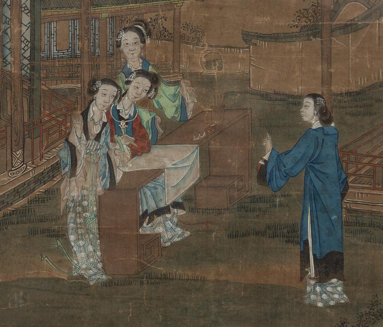 Oidentifierad konstnär, "Eleganta damer i palatsträdgård", sen Qingdynasti/1900-talets första del.