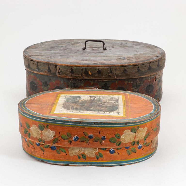 Two Swedish painted boxes with cover, 19th Century.