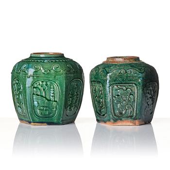 A set of two green glazed Chinese jars, 20th century.