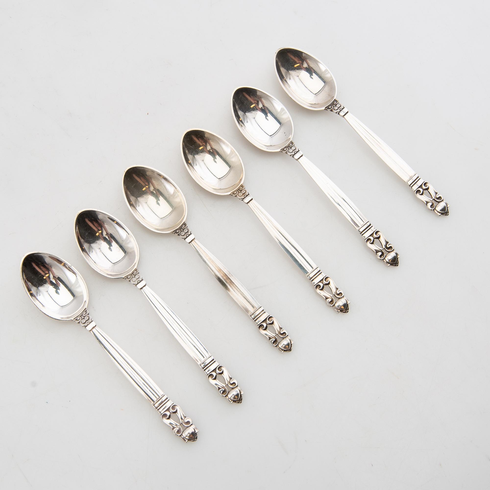 Johan Rohde, spoons 12 pcs "Konge/Achorn" sterling silver for Georg Jensen after 1945.
