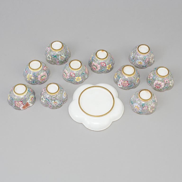 10 chinese cups with one dish, enamel on copper. late 19th/early 20th century.