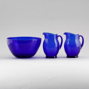 SKÅL OCH 2 KANNOR, glas, 1800-talets andra hälft.