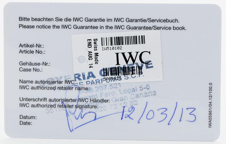 IWC, Schaffhausen, Portofino, wristwatch, 45 mm.