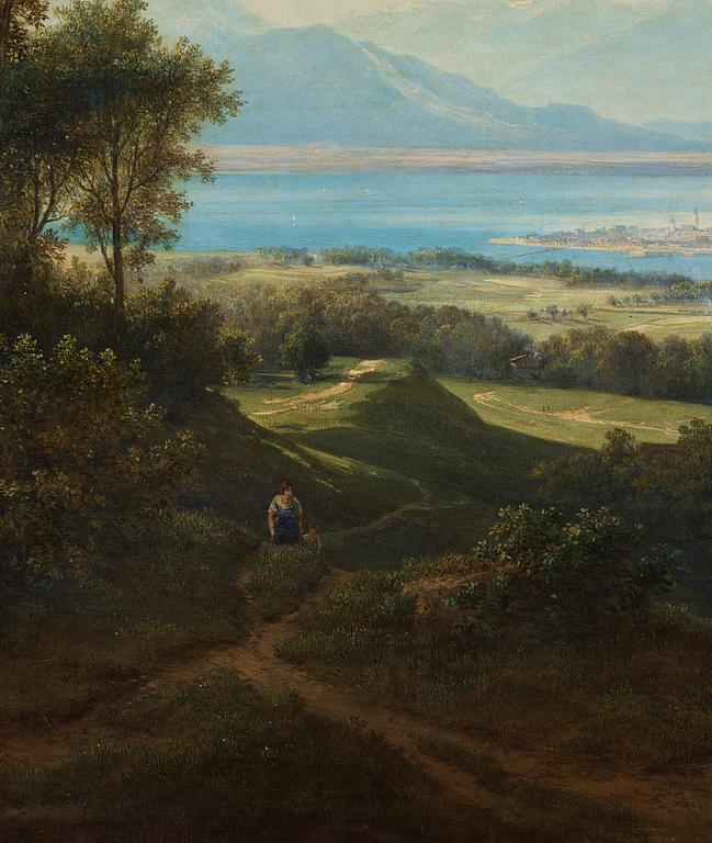 Alplandskap med sjö och slott.
