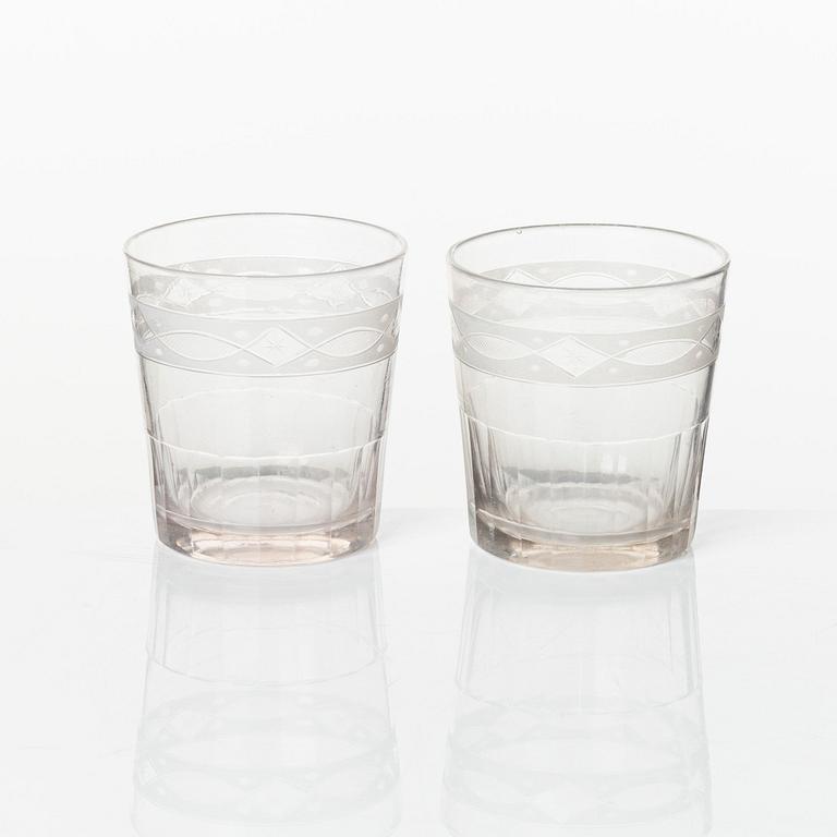 Karaff med 5 seltersglas, glas, Sverige ca 1850.