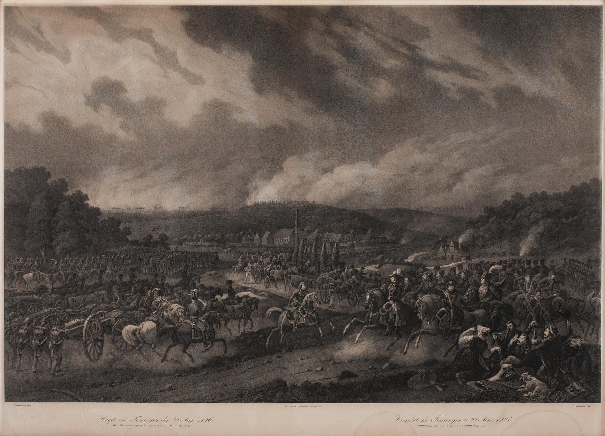 Alexander Clemens Wetterling & Carl Andreas Dahlström Efter, "Slaget vid Feiningen den 22 Aug 1796","Rehns öfvergång och Bendorffs intagande af General Bernadotte den 4 Julii 1796".