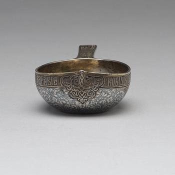 A Russian 19th century silver-gilt and niello kovsh, mark of Wasilij Semenow, possibly, Moscow 1872.