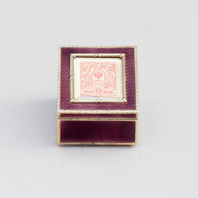 Fabergé, frimärksask, verkmästare Henrik Wigström, guld, silver och emalj, S:t Petersburg 1908-17.