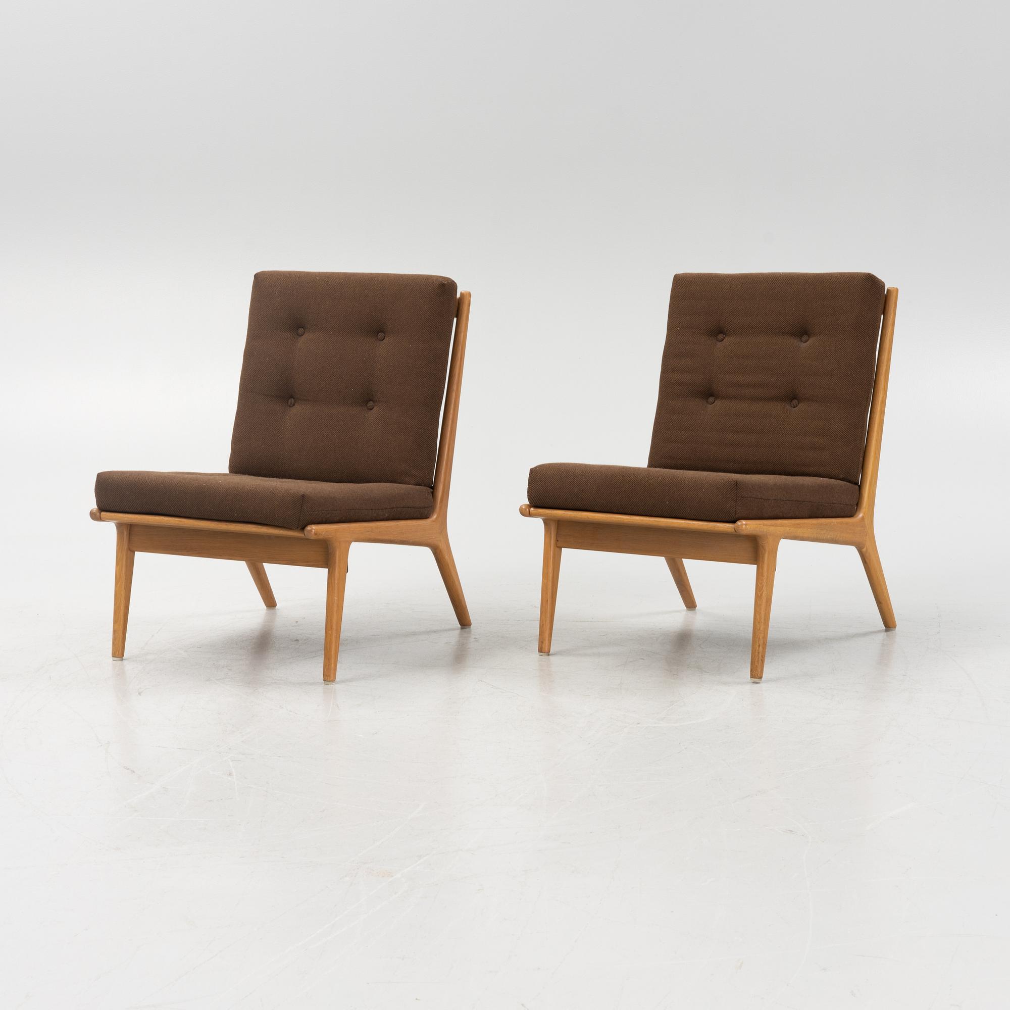 Karl Erik Ekselius, probably. A pair of oak easy chairs, JOC, Vetlanda, 1960's.
