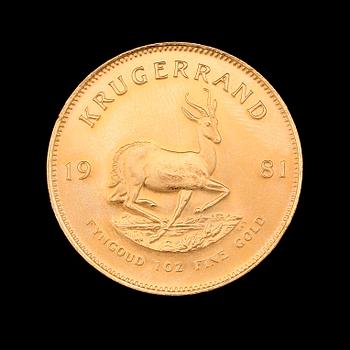 GULDMYNT, finguld, Krugerrand, Sydafrika, 1981. Vikt ca 34 g.