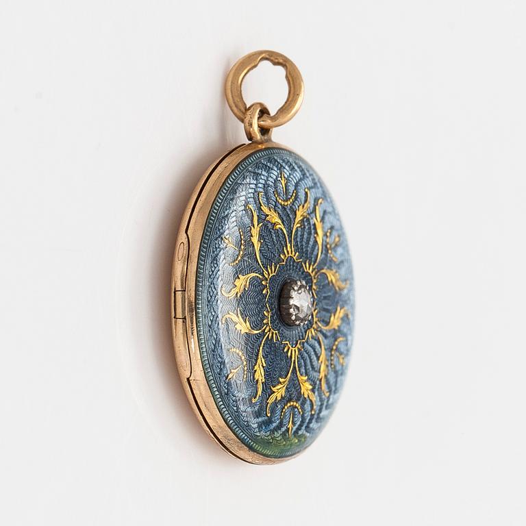 Medaljong, 14K guld, emalj, rosenslipad diamant.