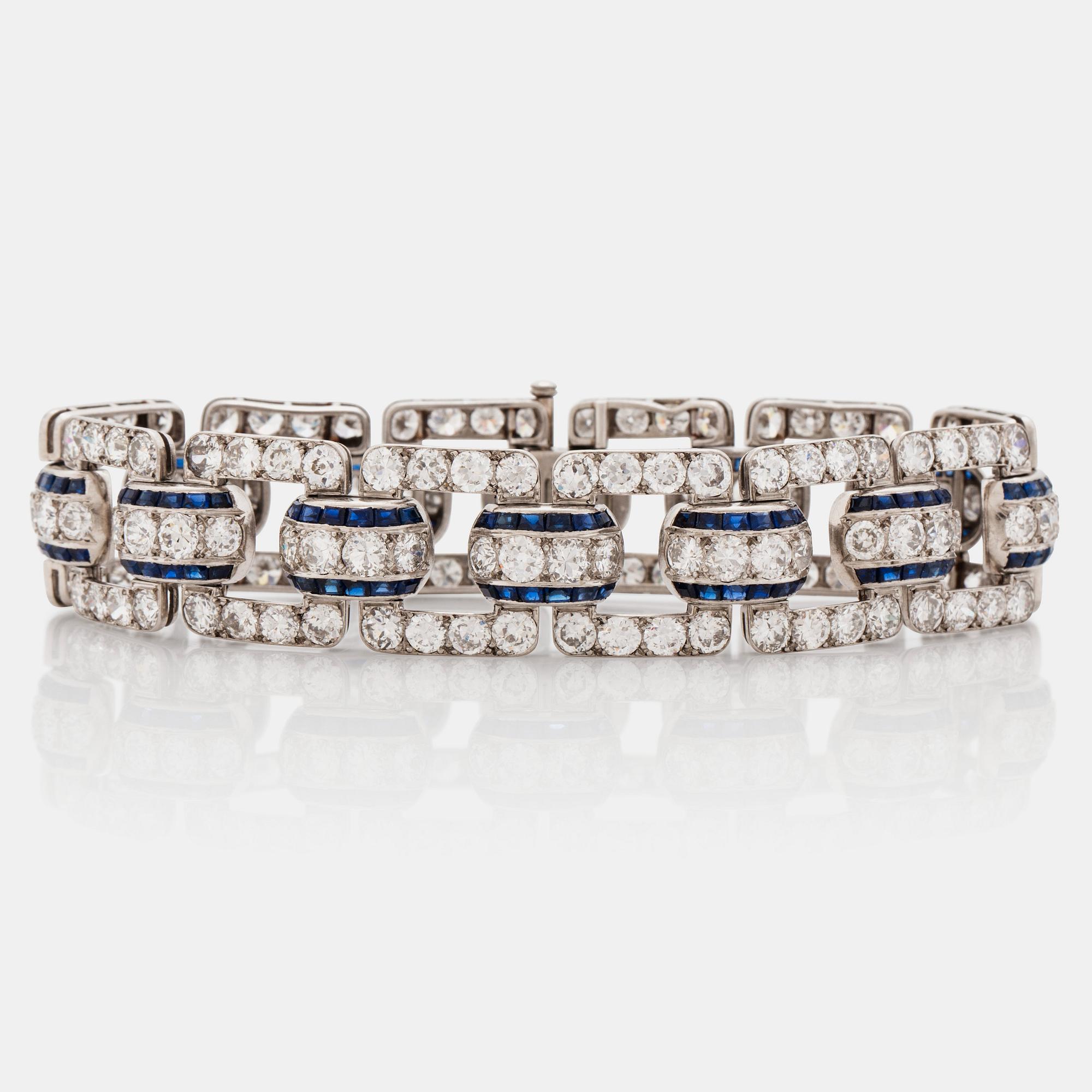 An Art Deco step cut sapphire and  old- cut diamond bracelet.