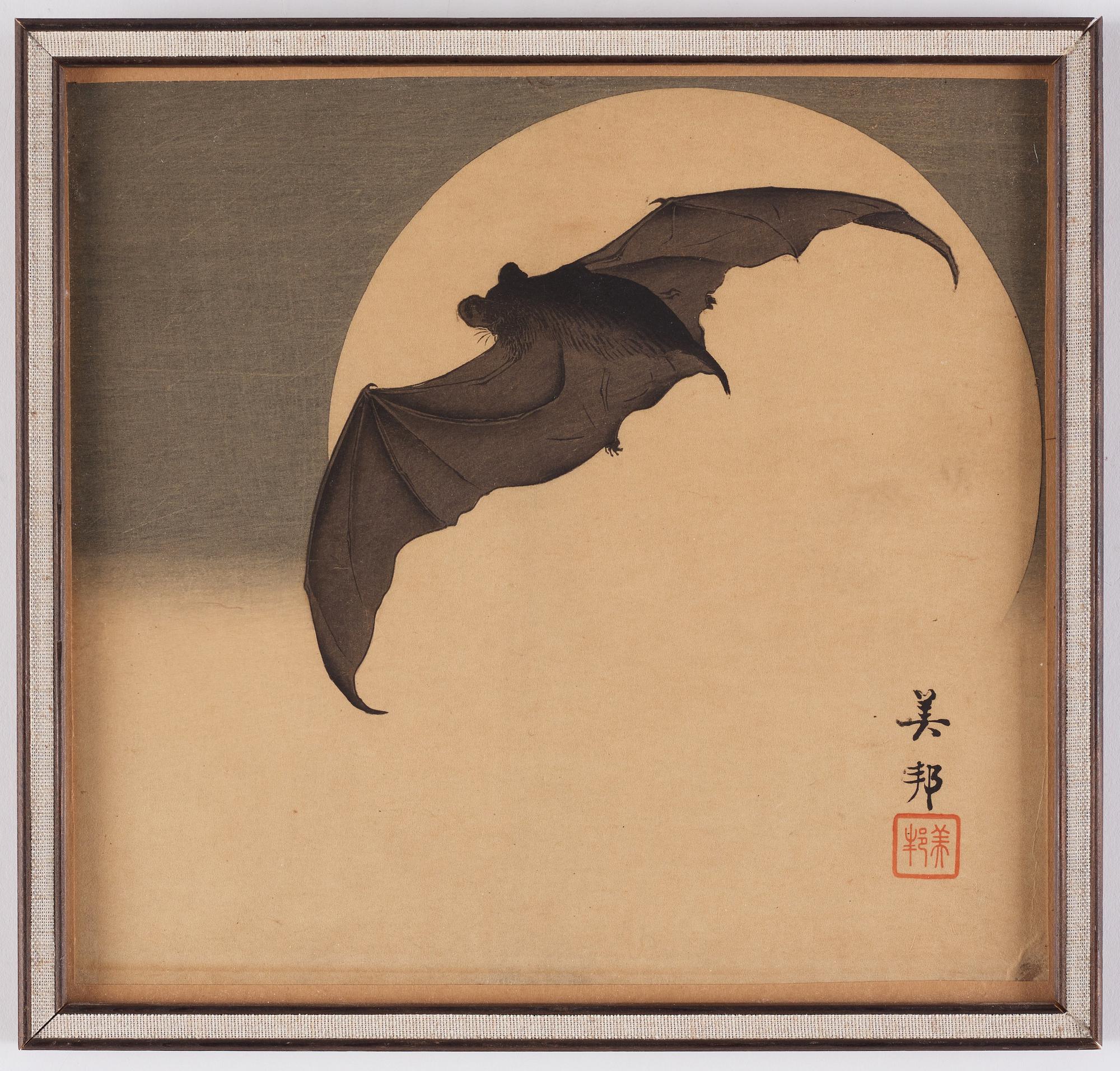 Bihō Takahashi (aktiv ca. 1890-1930), "Bat in Moon"/"Bat against full Moon", färgträsnitt och bläck på papper, ca. 1905.