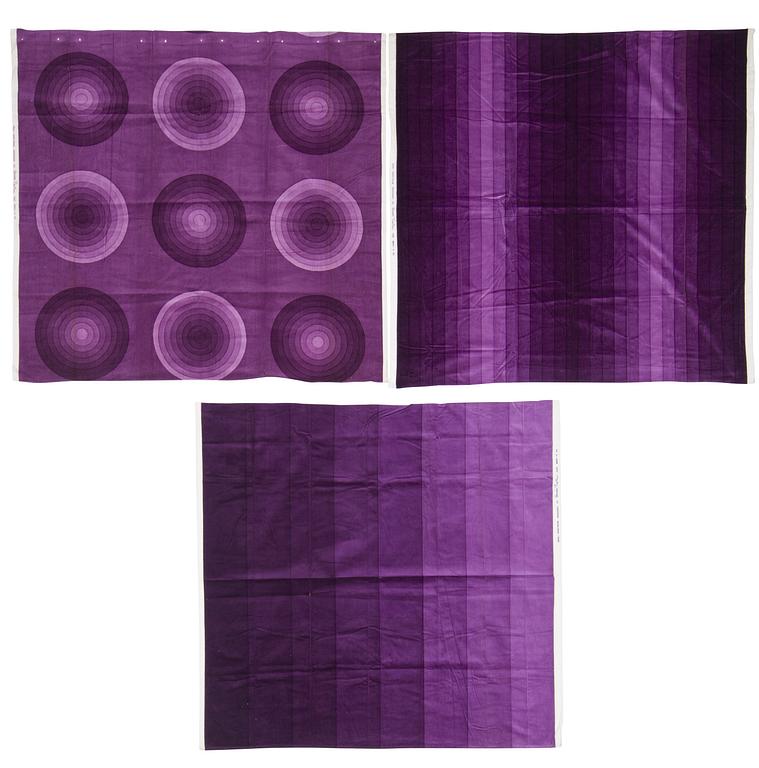 A FABRIC, CURTAINS, 2 PIECES AND SAMPLERS, 9 PIECES. Cotton velor. A variety of aubergine colour nuances and patterns.