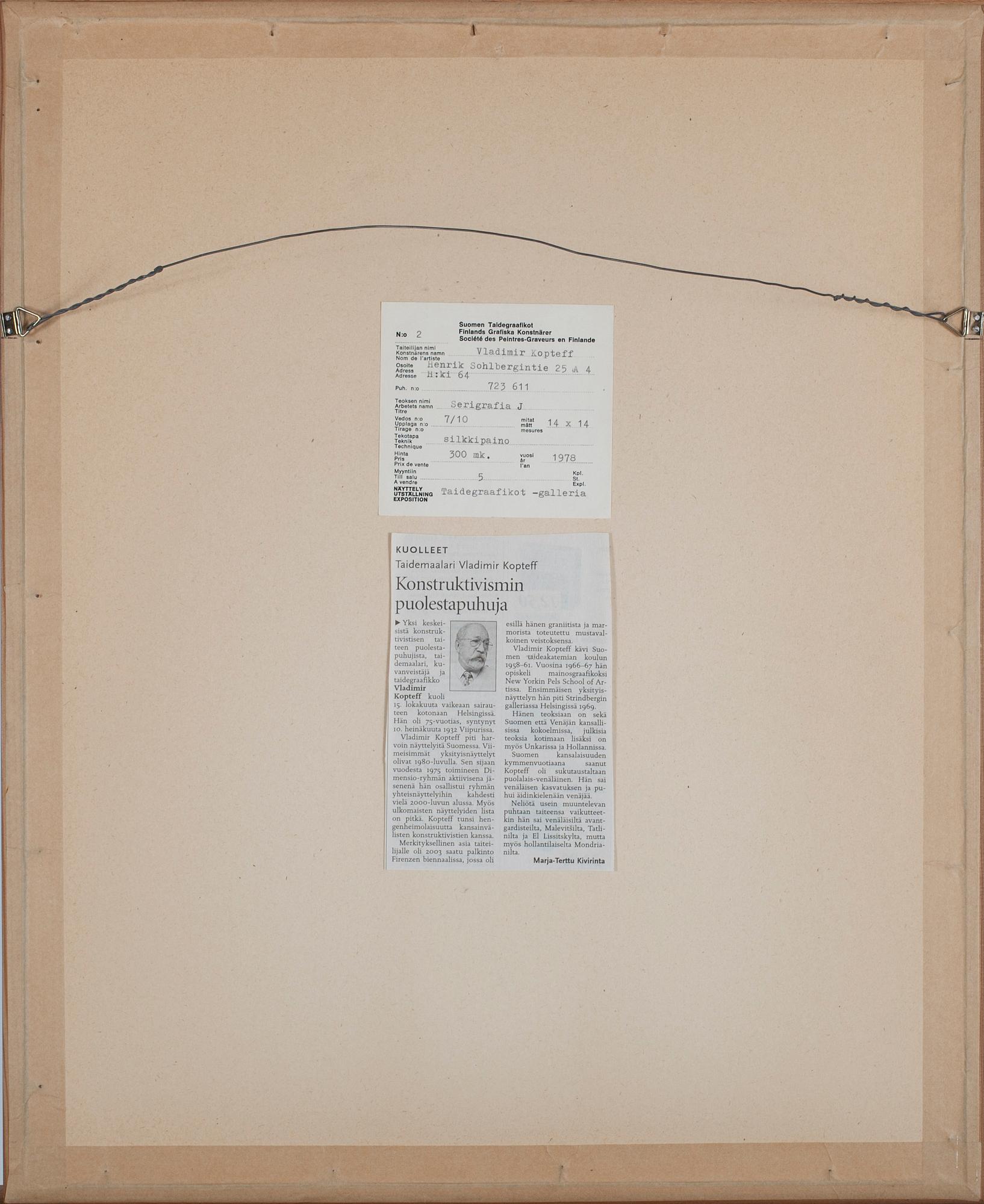 VLADIMIR KOPTEFF, serigrafi, numrerad 7/10, daterad 1978.