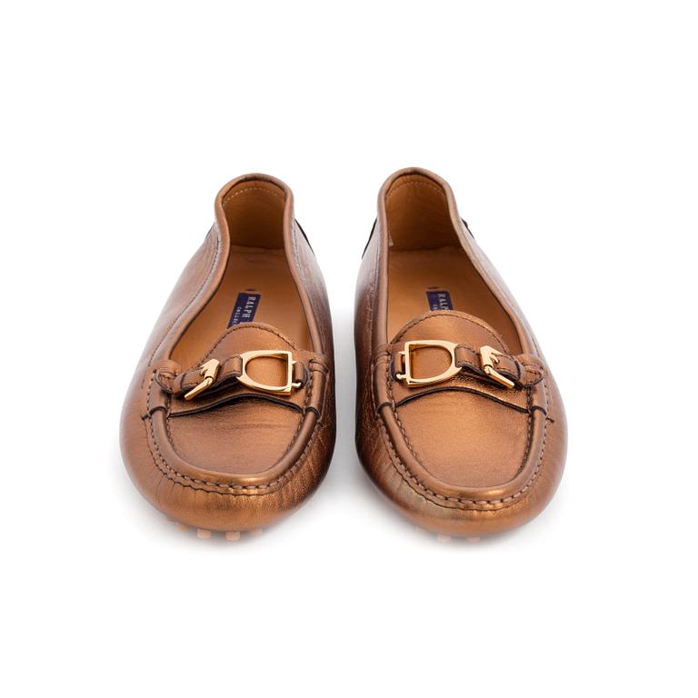 RALPH LAUREN, a pair of bronz colored leather loafers. Size US 8B.