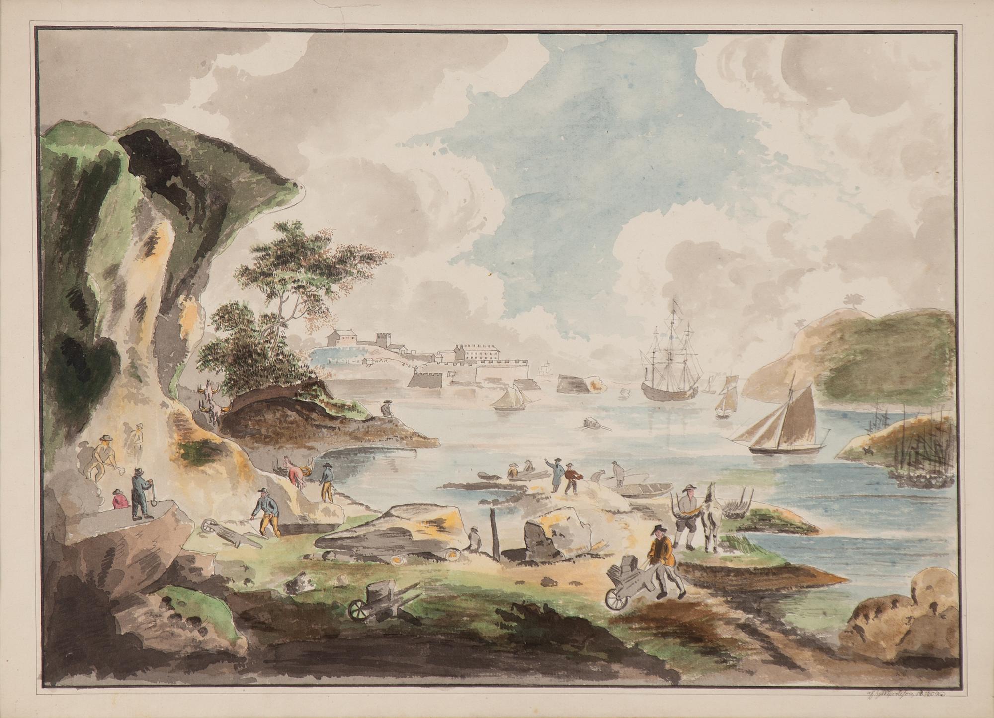 Gustaf Wilhelm Carleson, Landscape with a view of the sea towards a fortress on a promontory.