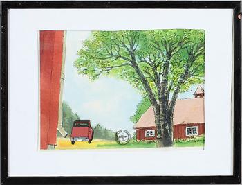 ORIGINALCELER, 4 st, ur "Pelle Svanslös". Blandteknik, Team Film, sign SL.