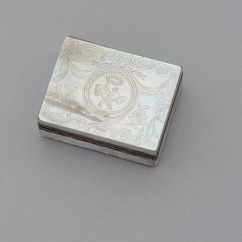 A possibly French mid 18th century mother of pearl and silver snuff-box, unmarked.