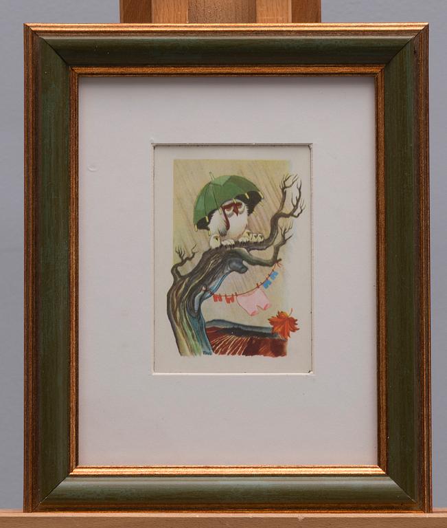 KONSTVYKORT, 5 st, efter Tove Jansson, fyra st med synlig signering i trycket, Taidekorttikeskus 1940-tal.