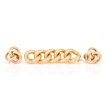 BROSCH samt ÖRHÄNGEN, 1+2, 18 k guld, bland annat GD&CO Malmö, 1898. Vikt ca 6 g.