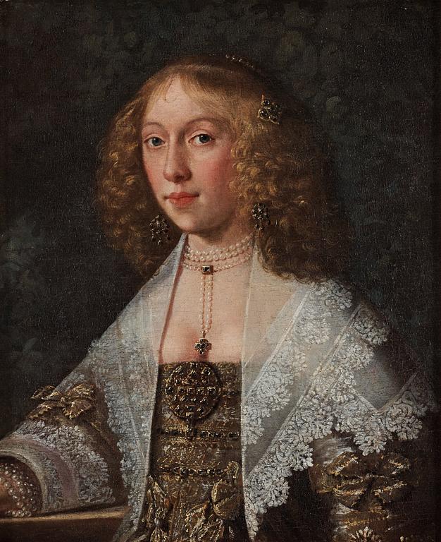 Jan Cornelisz Verspronck Tillskriven, Porträtt av ung dam med broderad dräkt, spetssjal och pärlor.