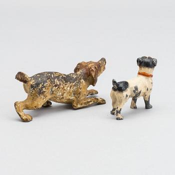 TWO MINIATURE BRONZE DOGS.