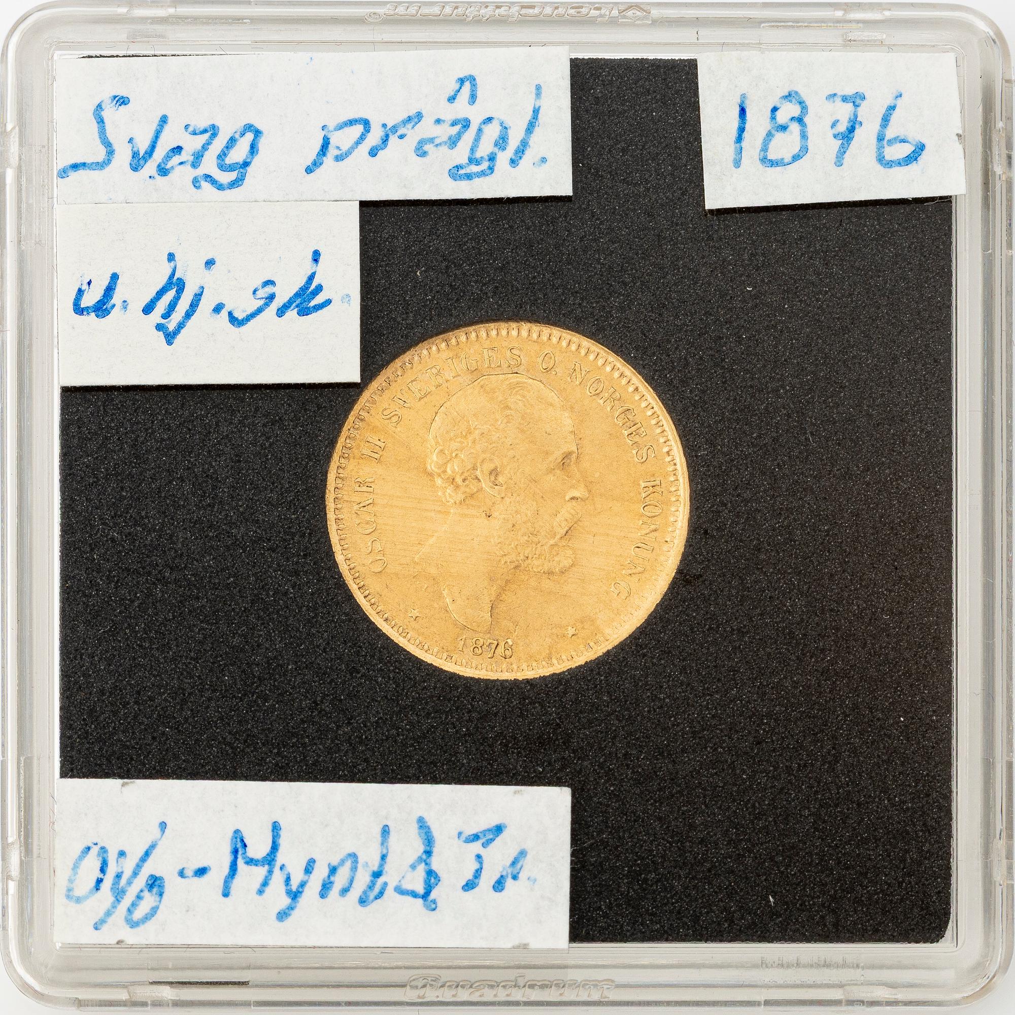 Gold coin, Oscar II, 10 kronor, type I, Sweden 1876.