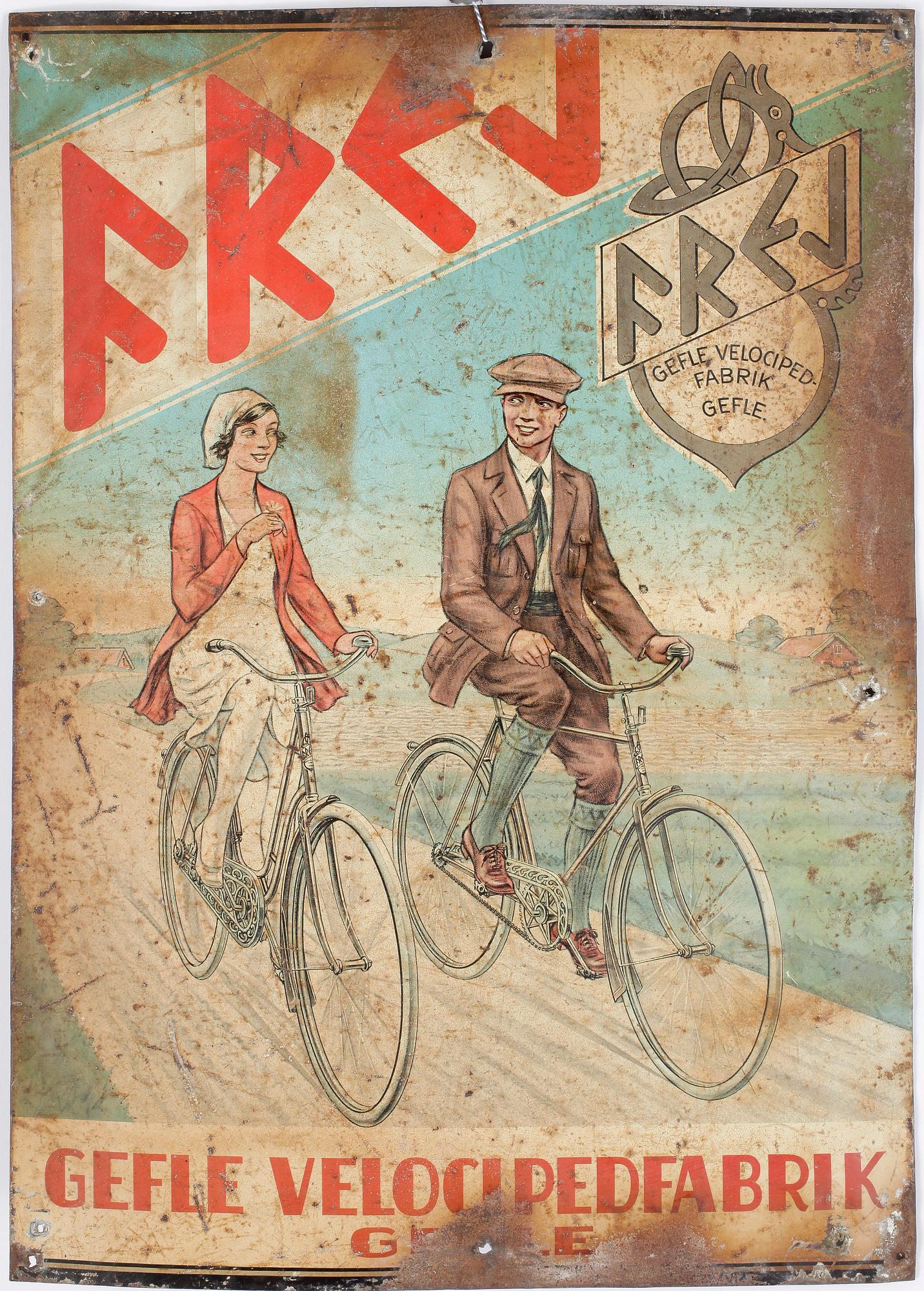 REKLAMSKYLT, plåt, Gefle Velocipedfabrik, 1900-talets första hälft.