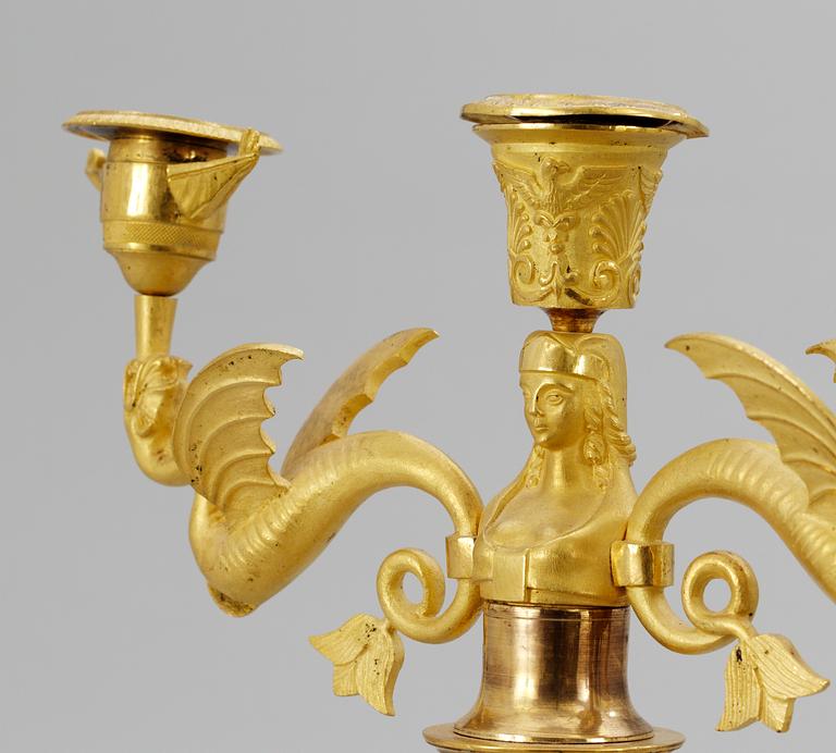 A pair of Empire three-light candelabra, probably Sweden.