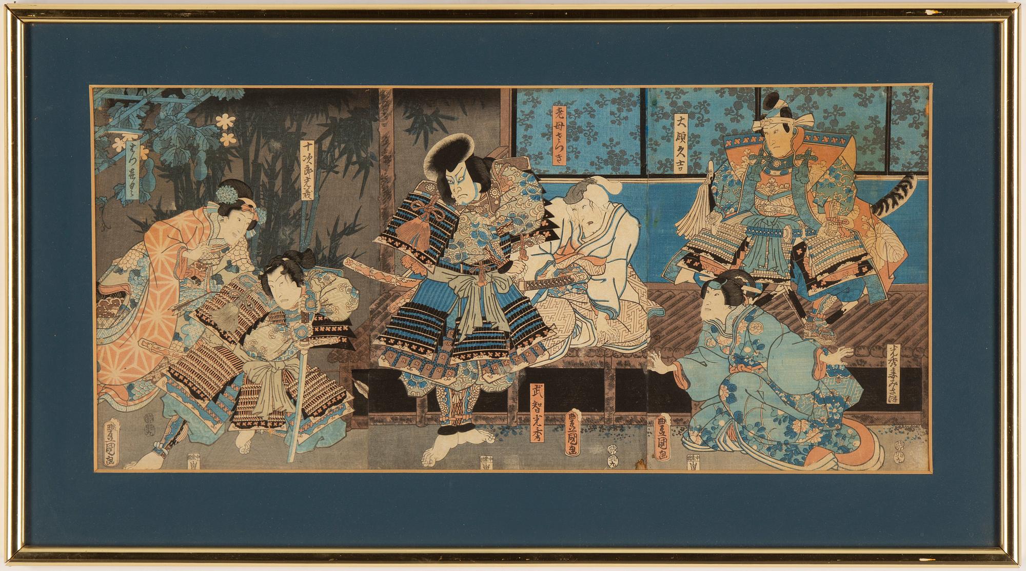 Utagawa Kunisada, triptyk, färgträsnitt. Japan, 1800-tal.