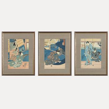 Utagawa Kunisada, a woodblock print triptych, 19th Century.