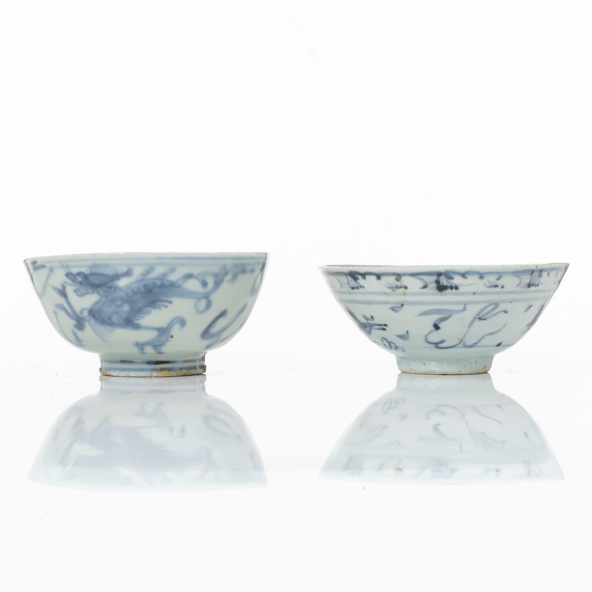 A group of four blue and white porcelain bowls, made for the Southeast Asian market, Ming and Qing dynasty.