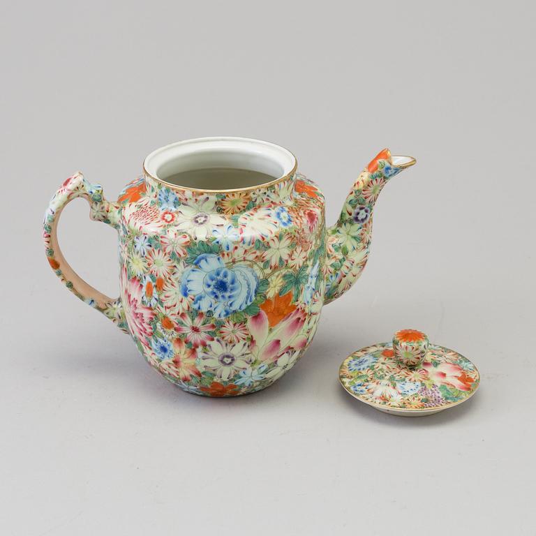 A Chinese famille rose 'mille fiori' porcelain teapot with cover, 20th century.