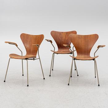Arne Jacobsen, Karmstolar, 3 st, "Sjuan", Fritz Hansen, Danmark, 1950/60-tal.