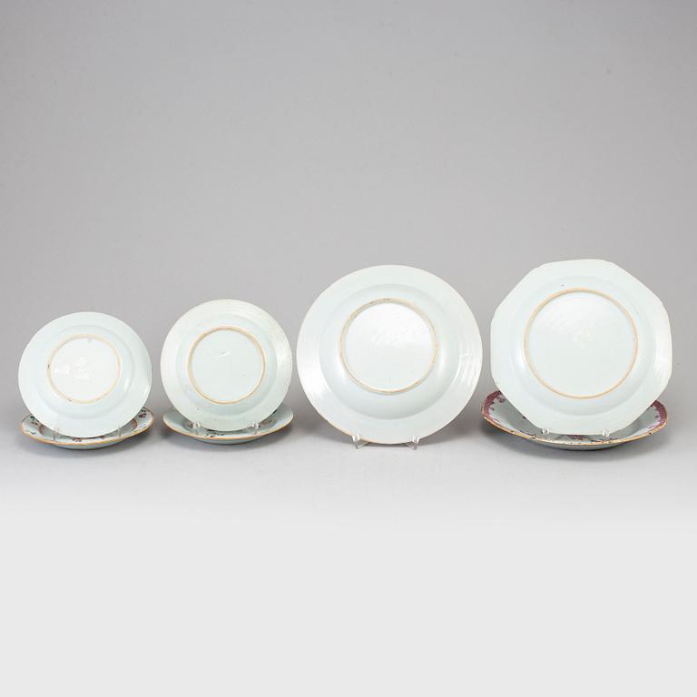 Three famille rose export porcelain plates and four dishes, Qing dynasty, Qianlong (1736-95).