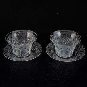 A pair of glass bowls with dishes, 20th century.