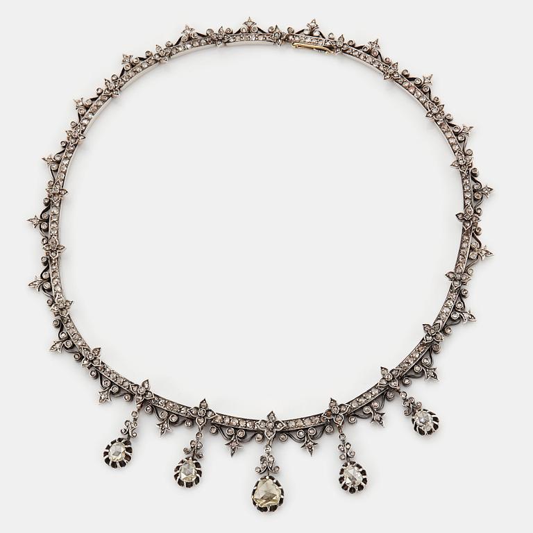 Collier 14K guld och silver med rosenslipade diamanter, 1800-tal.